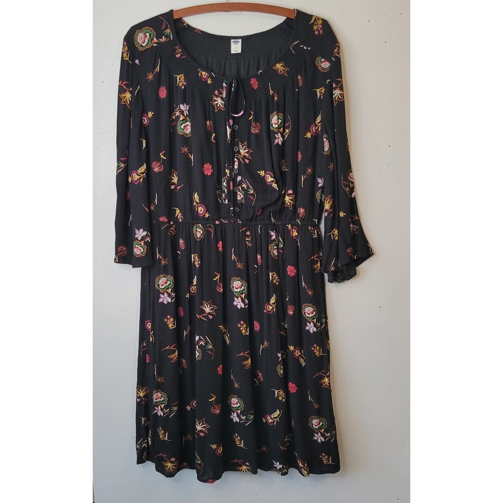 Old Navy Women Black Floral Rayon Midi Dress Bell Sleeve Boho Smocked Neck Large